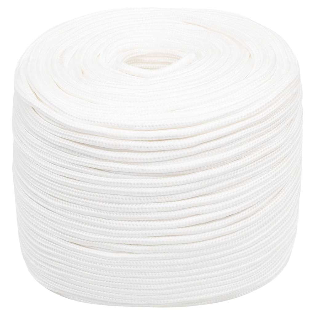 The white polypropylene rope is wound tightly onto a spool