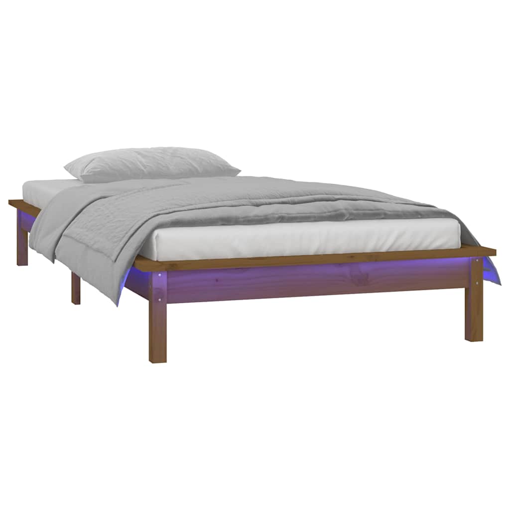 vidaXL LED Bed Frame without Mattress Honey Brown 75x190cm Solid Wood 3