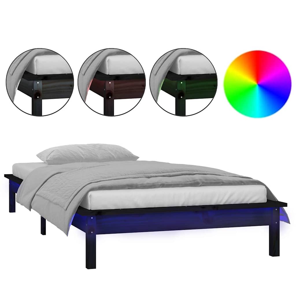 vidaXL LED Bed Frame without Mattress Black 75x190 cm Small Single Solid Wood 2