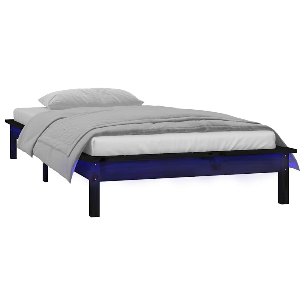 vidaXL LED Bed Frame without Mattress Black 75x190 cm Small Single Solid Wood 3
