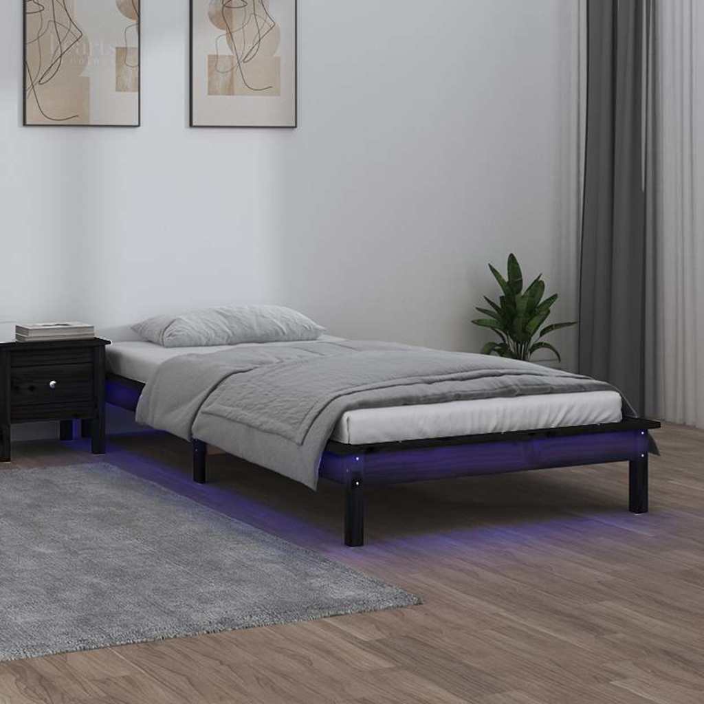 vidaXL LED Bed Frame without Mattress Black 75x190 cm Small Single Solid Wood 1