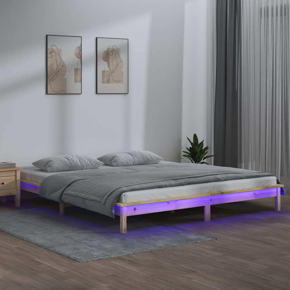 LED Bed Frame without Mattress Solid Wood Length Natural