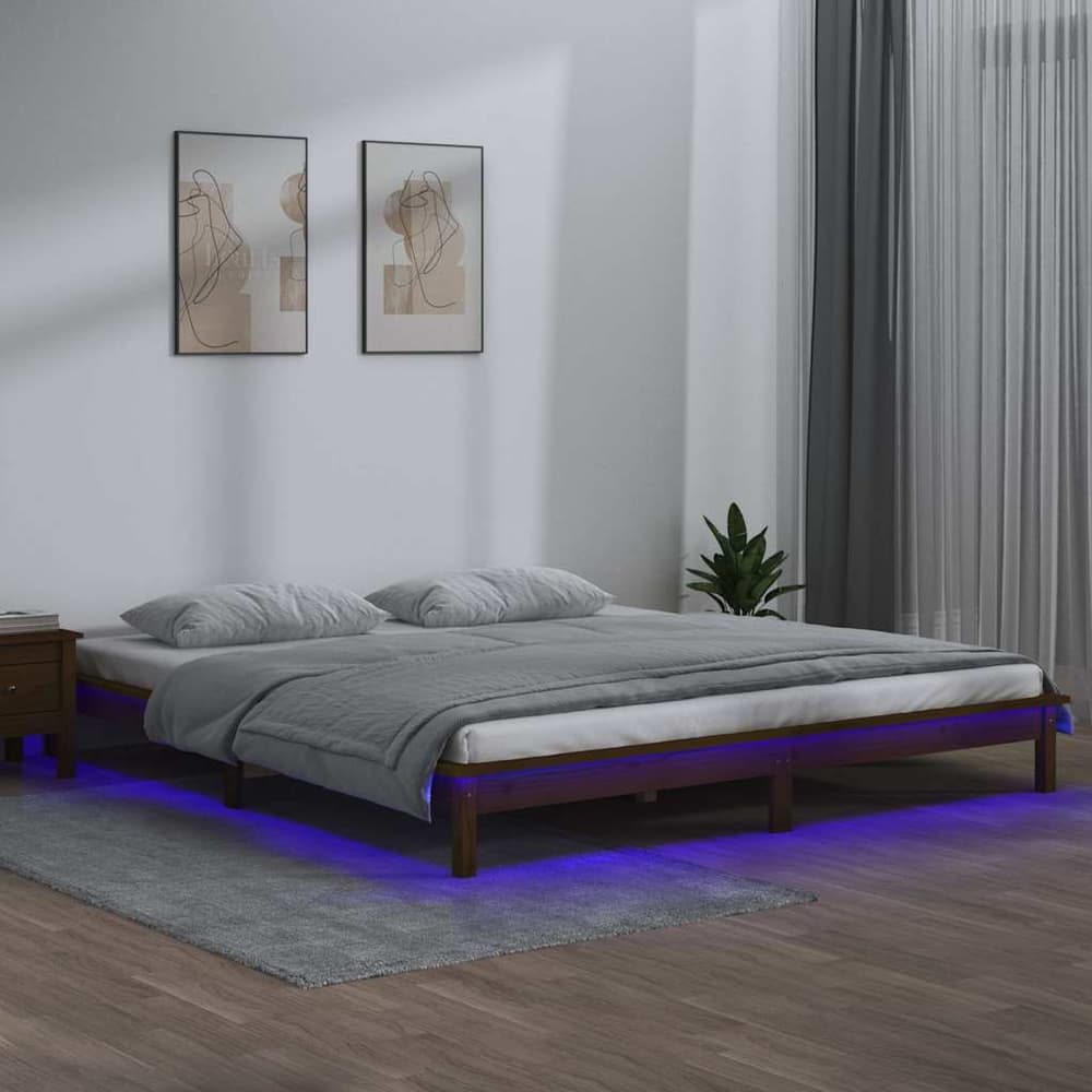 LED Bed Frame without Mattress Solid Wood Length Honey Brown