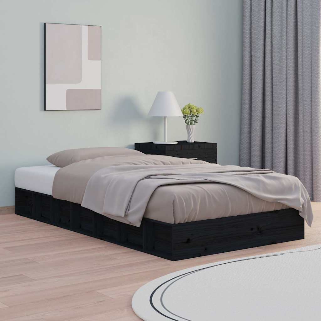 vidaXL Bed Frame without Mattress Black 75x190 cm Small Single Solid Wood 1