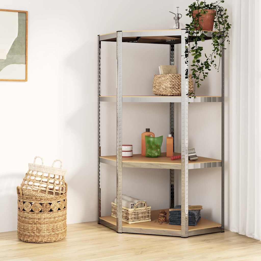 vidaXL 4-Layer Corner Shelf Silver Steel&Engineered Wood 1