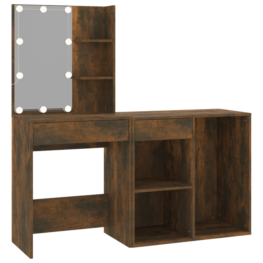 vidaXL LED Dressing Table with Cabinet Smoked Oak Engineered Wood 2