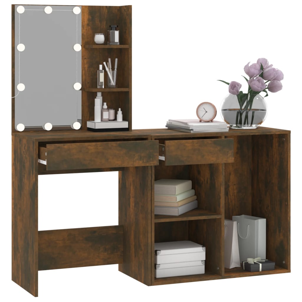 vidaXL LED Dressing Table with Cabinet Smoked Oak Engineered Wood 6