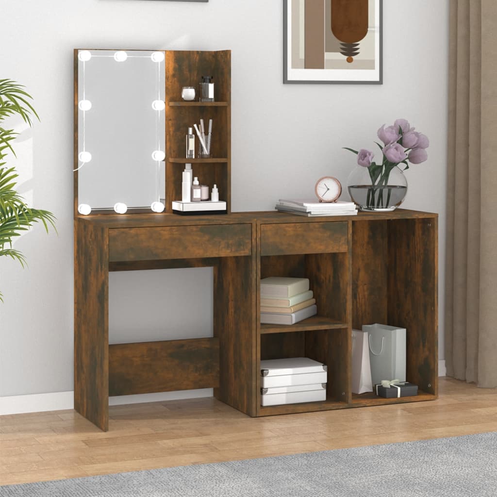 vidaXL LED Dressing Table with Cabinet Smoked Oak Engineered Wood 1