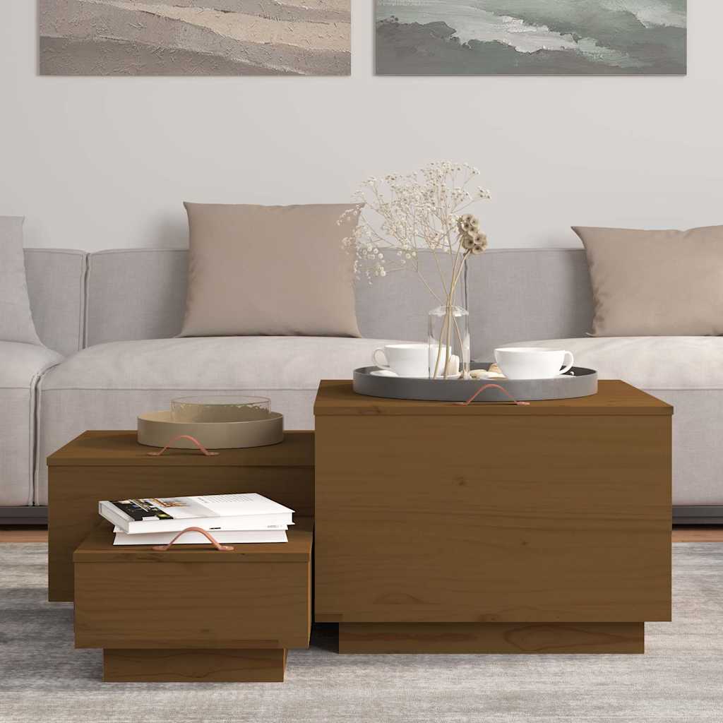 Storage Boxes with Lids 3 pcs Honey Brown Solid Wood Pine, image 3