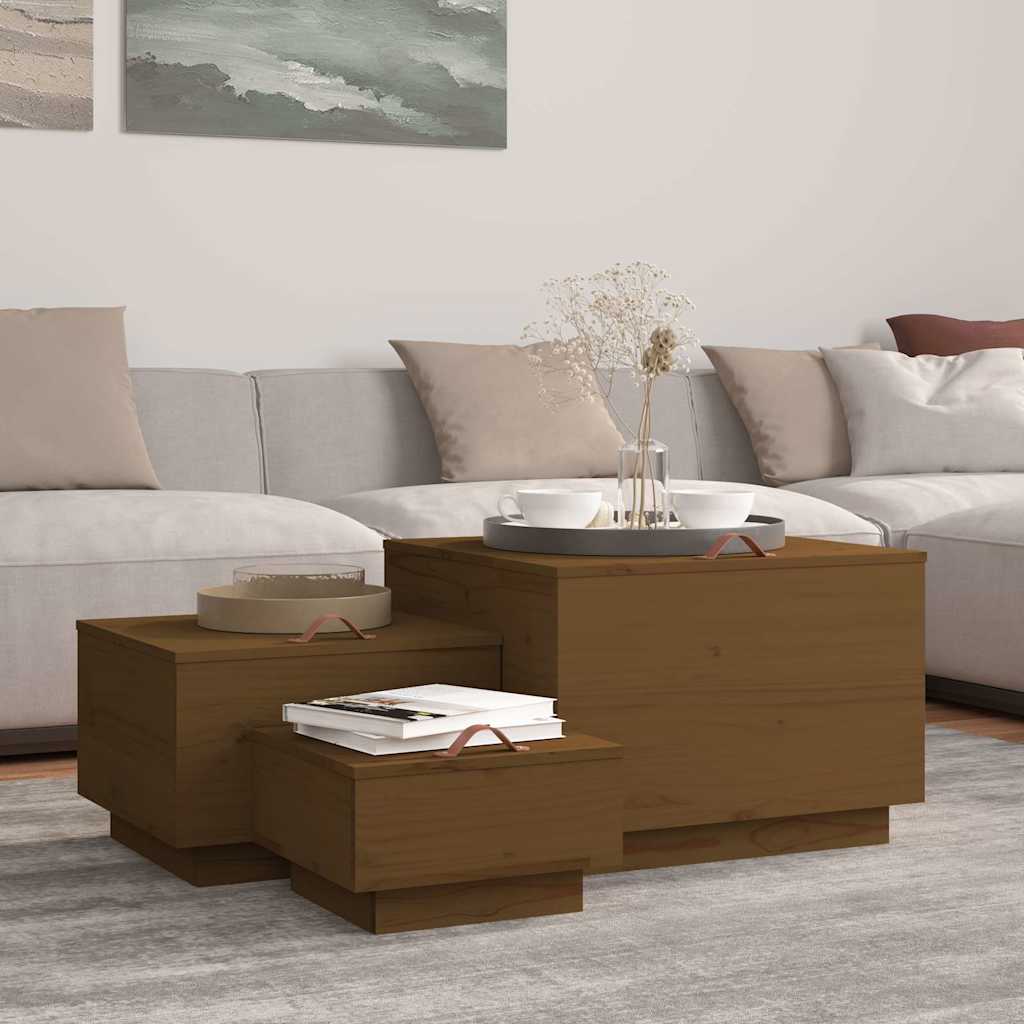 Storage Boxes with Lids 3 pcs Honey Brown Solid Wood Pine