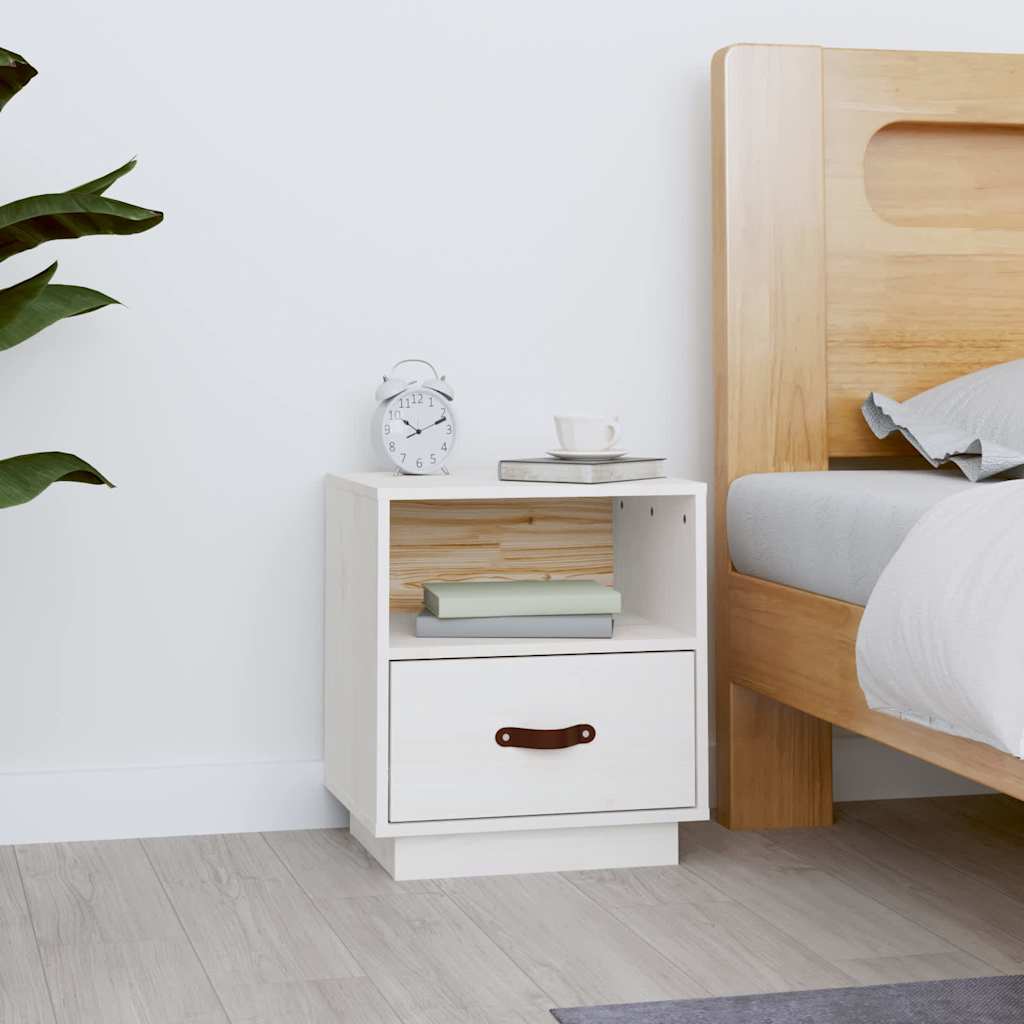 vidaXL Bedside Cabinet | White | Solid pine wood, faux leather (handle) 1