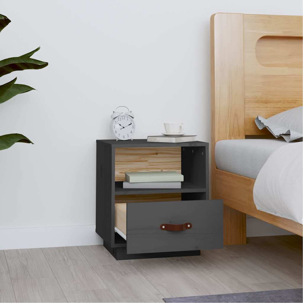 vidaXL Bedside Cabinet | Grey | Solid pinewood, faux leather (100% polyurethane) 3