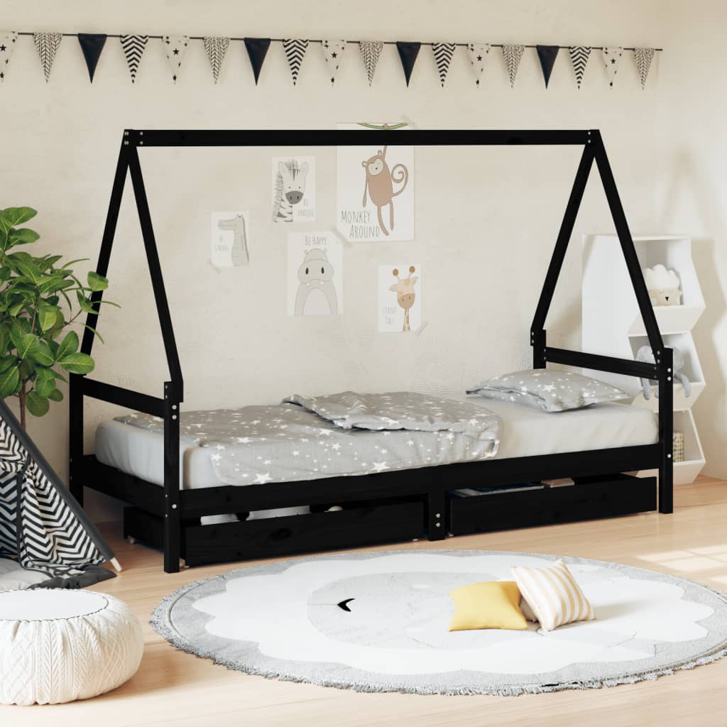 Kids Bed Frame with Drawers Solid Wood Pine Black 80 cm 200 cm