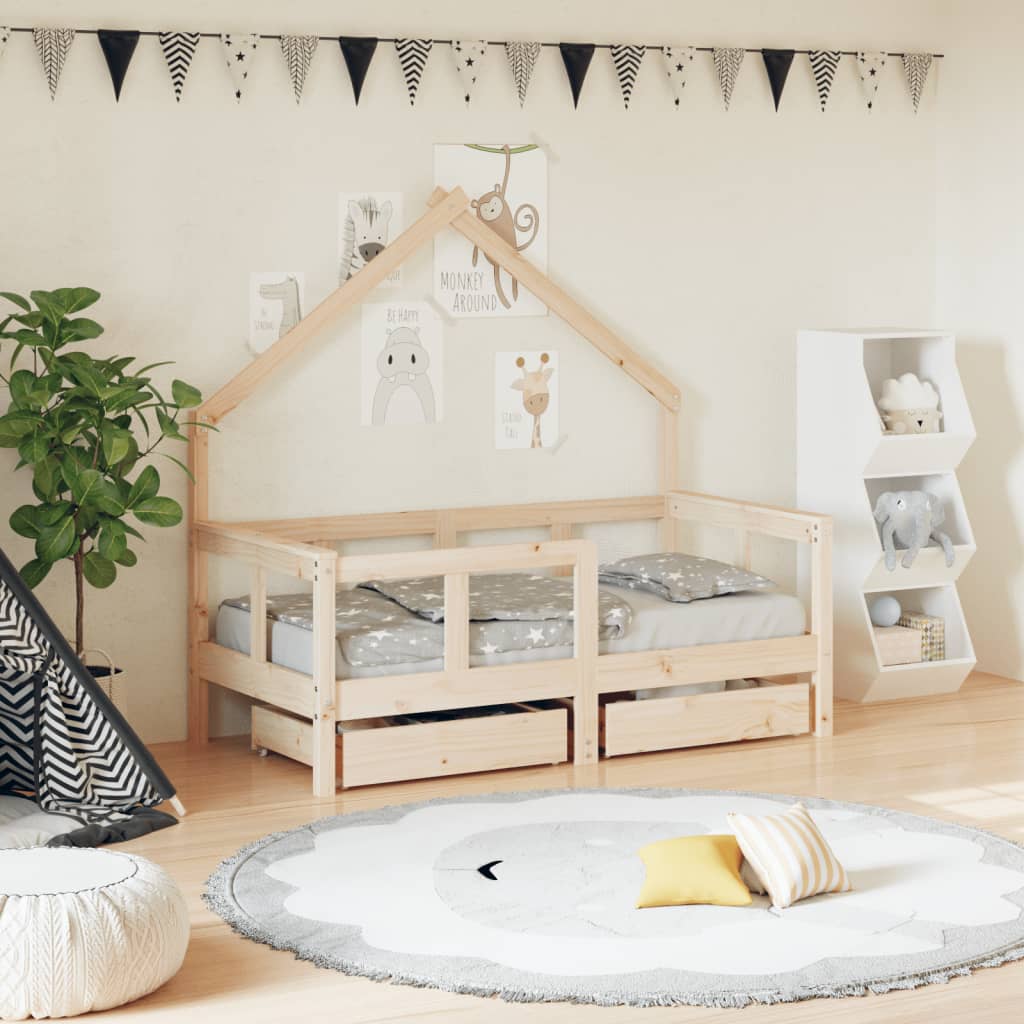 Kids Bed Frame with Drawers Solid Wood Pine Natural 70 cm 140 cm