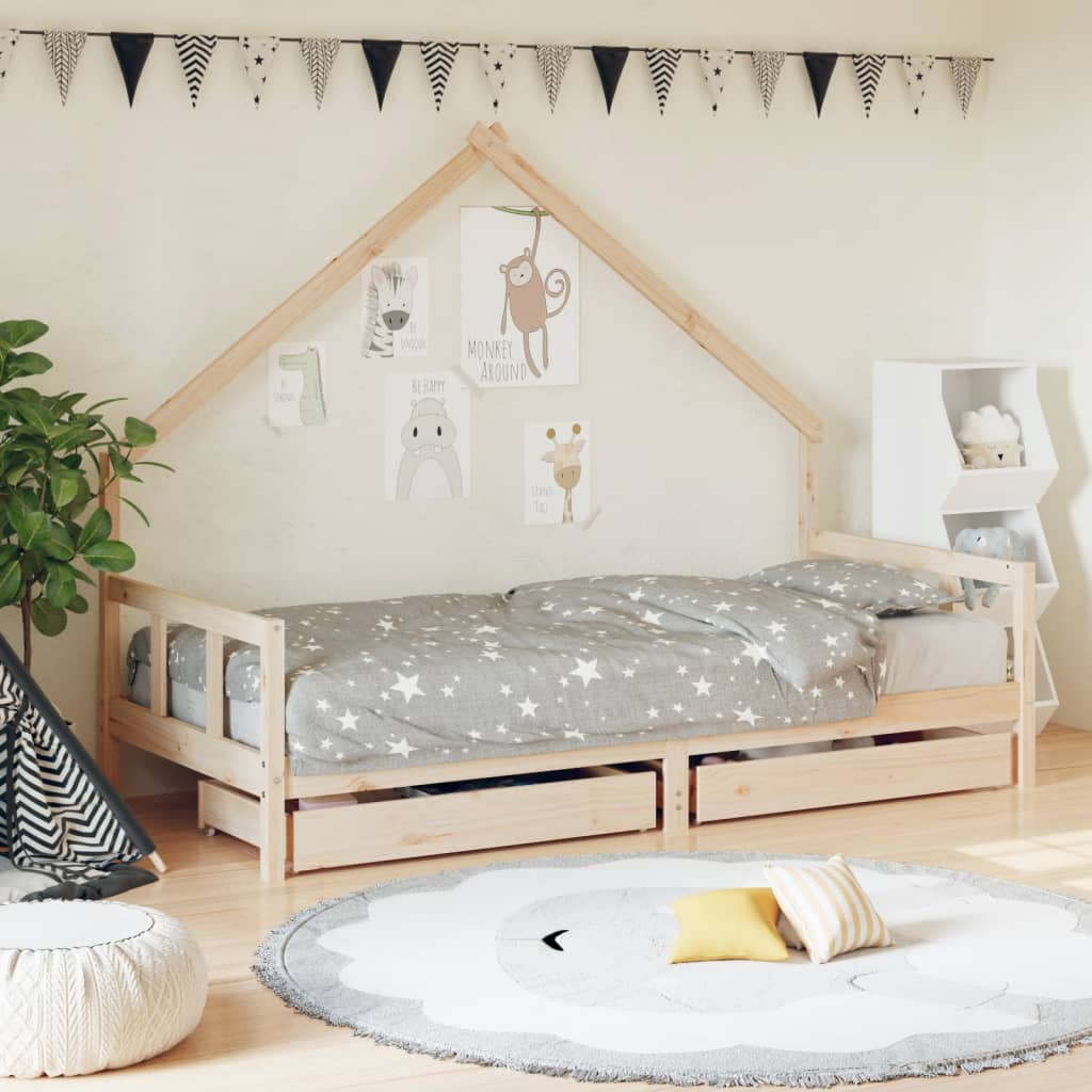 Kids Bed Frame with Drawers Solid Wood Pine Natural 90 cm 200 cm
