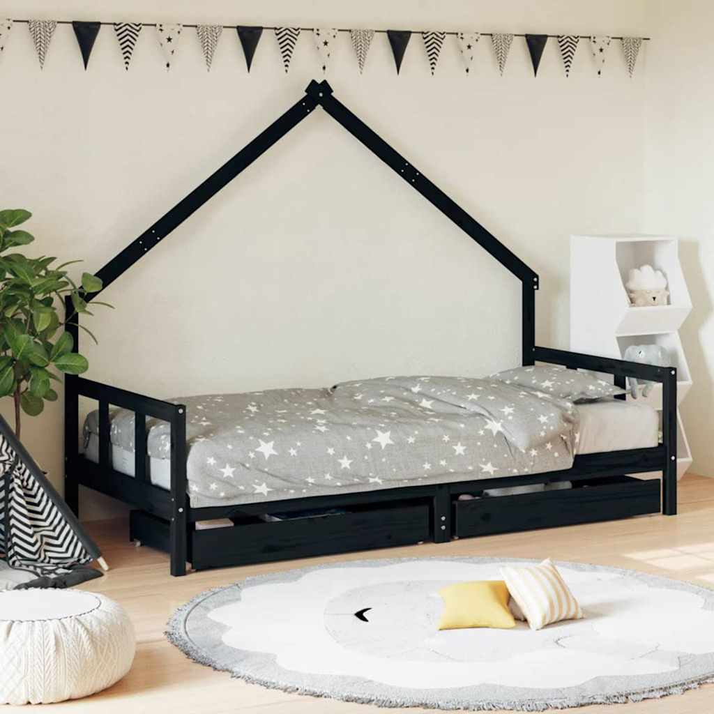 Kids Bed Frame with Drawers Solid Wood Pine Black 90 cm 200 cm