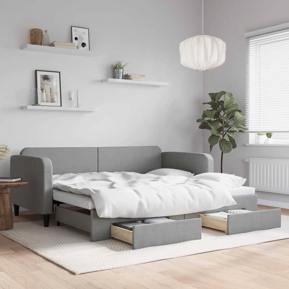 Daybed 90x190 cm Fabric Light grey With trundle & drawer