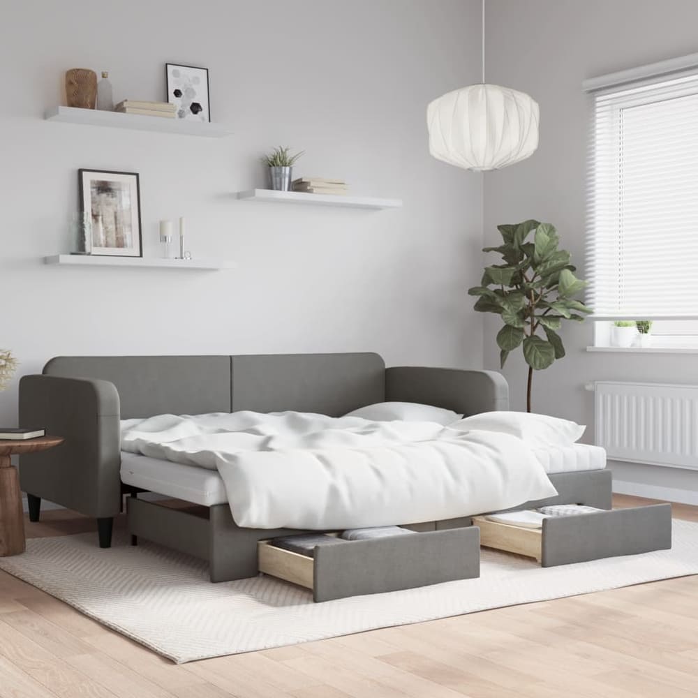 Daybed 90x190 cm Fabric Dark grey With trundle & drawer & mattress
