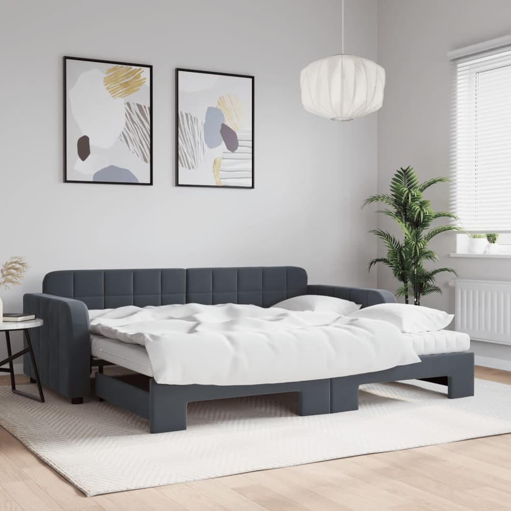 Daybed 90x190 cm Velvet Dark grey With trundle & mattress