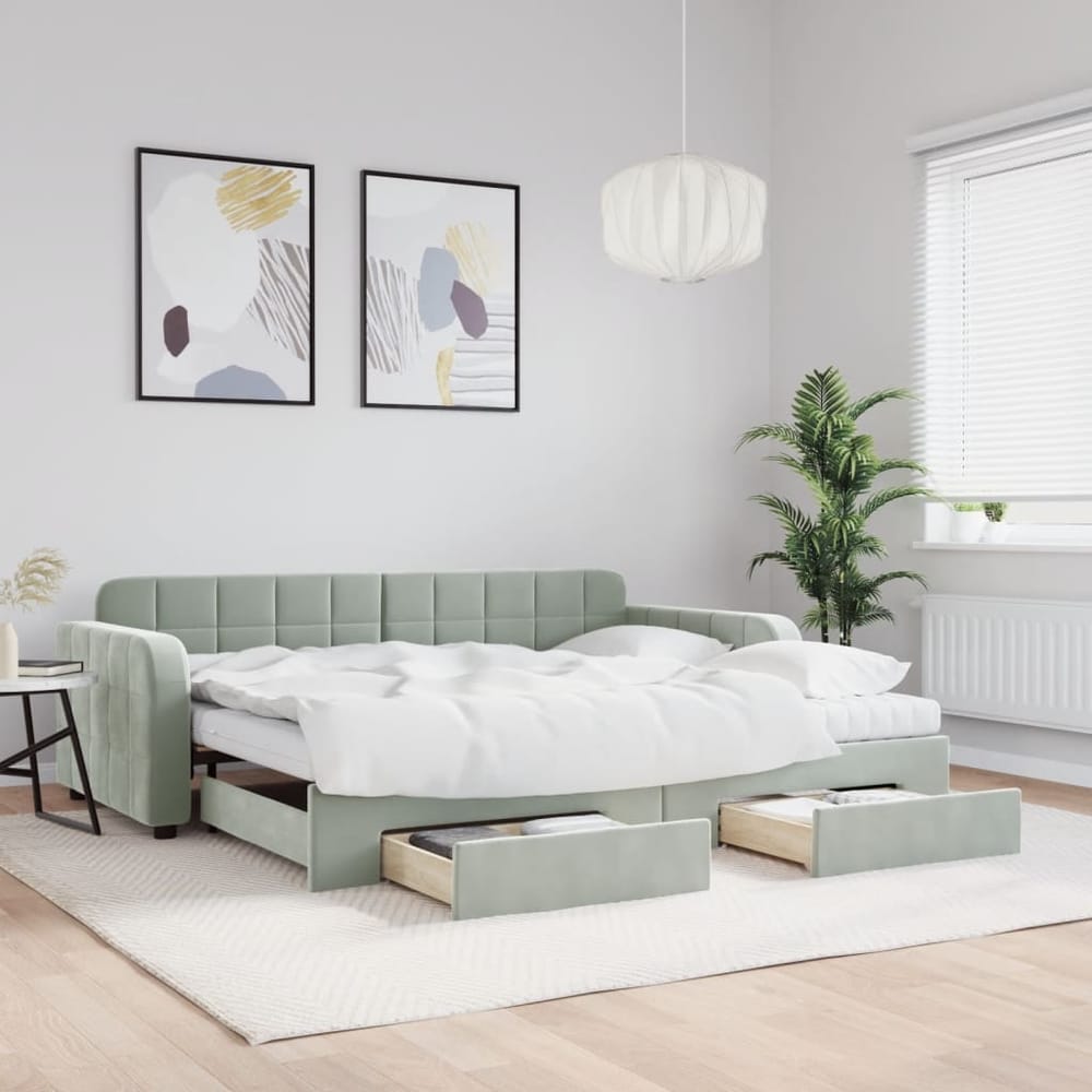 Daybed 90x190 cm Velvet Light grey With trundle & drawer & mattress