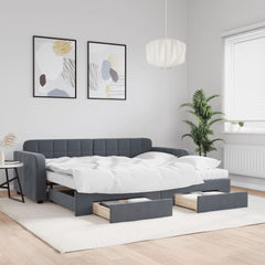 Daybed 90x190 cm Velvet Dark grey With trundle & drawer & mattress