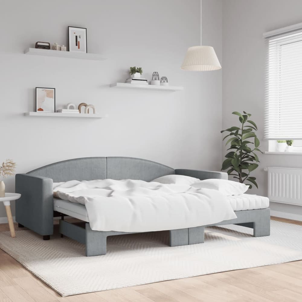 Day Bed 90x190 cm Fabric Light grey With trundle & mattress