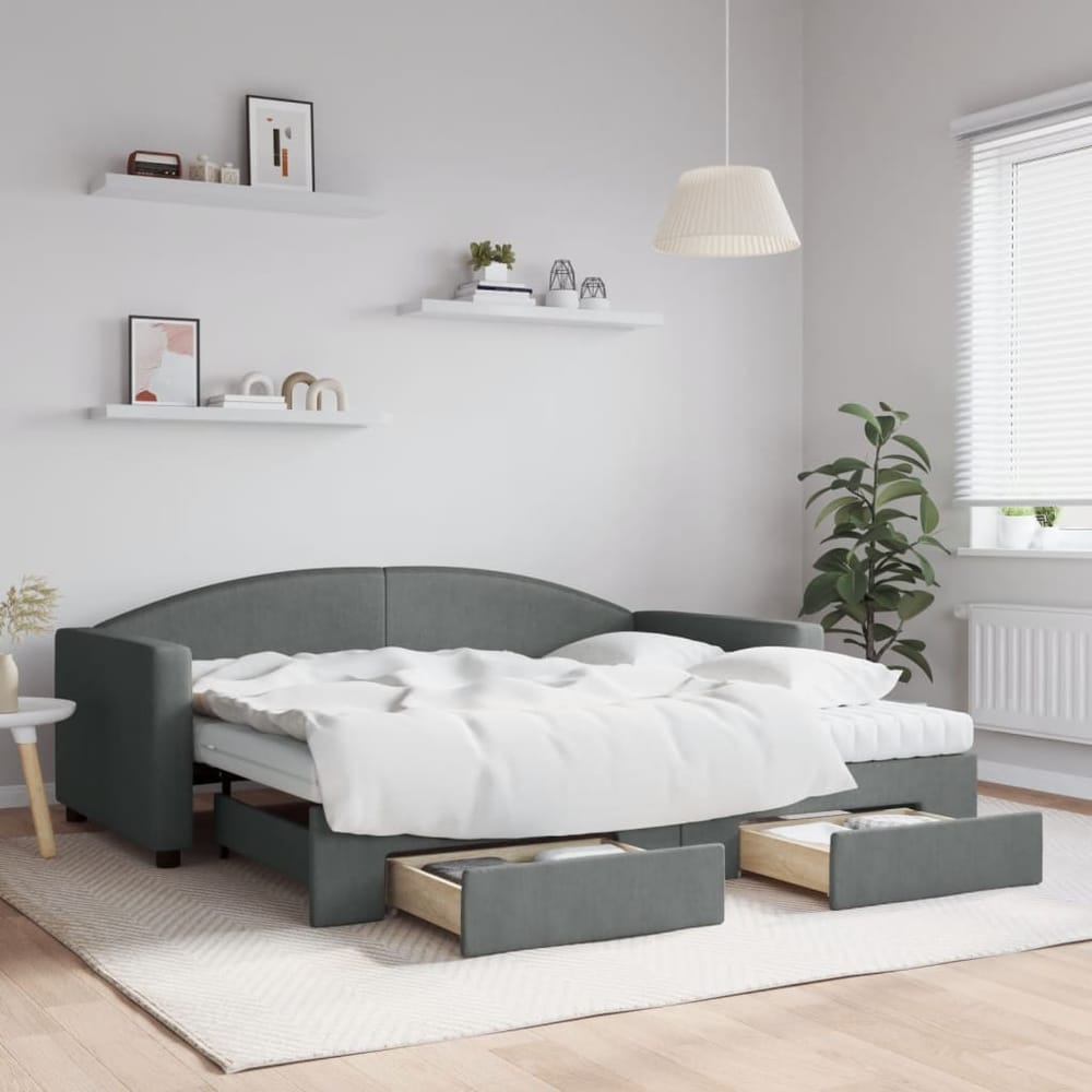 Day Bed 90x190 cm Fabric Dark grey With trundle & drawer & mattress