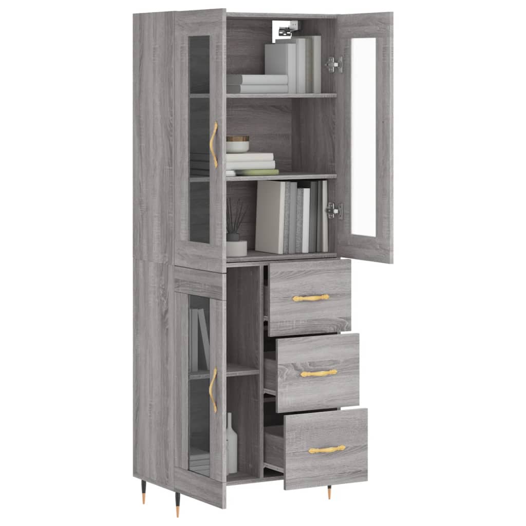 Highboard 69.5x34x180 cm Engineered Wood 1 Glass Door 3 Drawers Grey sonoma