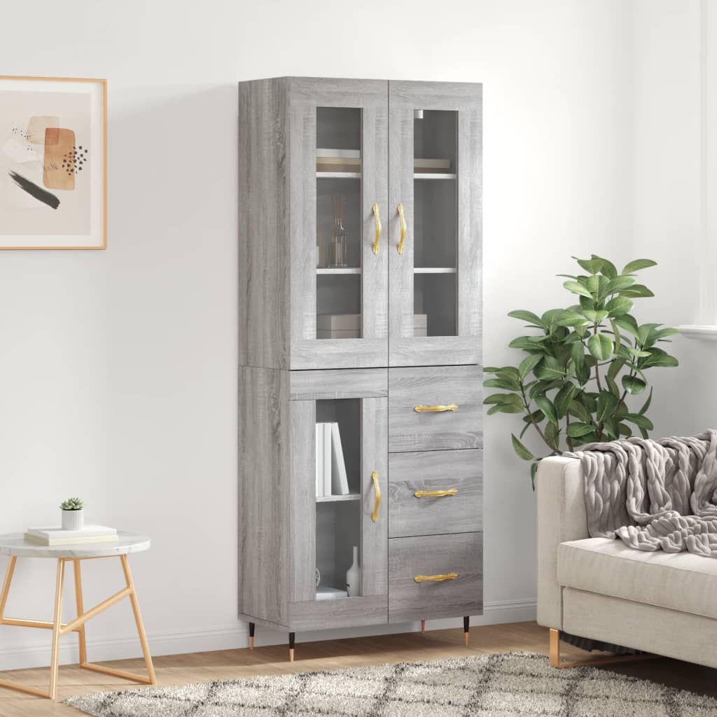 Highboard 69.5x34x180 cm Engineered Wood 1 Glass Door 3 Drawers Grey sonoma