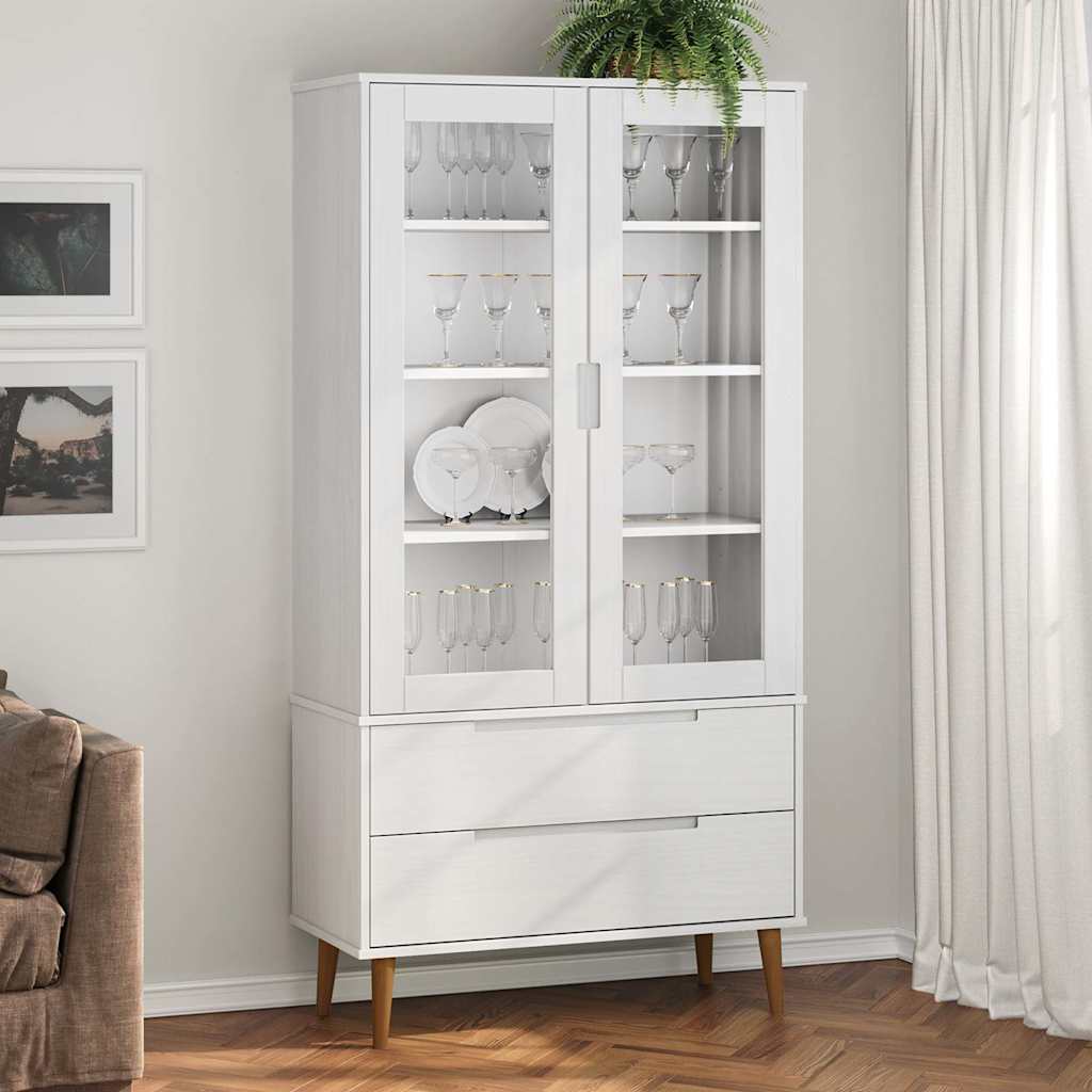 Vitrine Cabinet "MOLDE" 90x35x175 cm Solid Wood Pine White