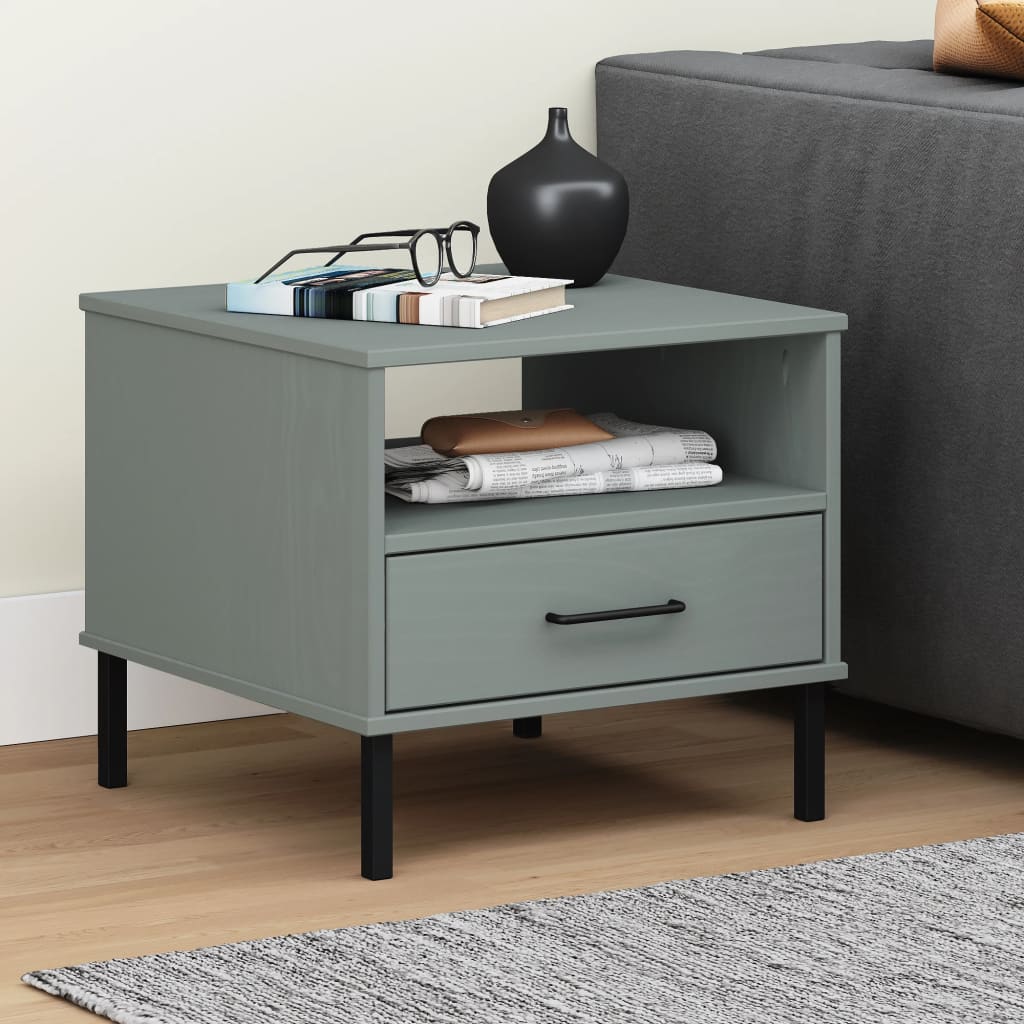 vidaXL Bedside Table with Metal Legs Grey Solid Wood Pine OSLO 1