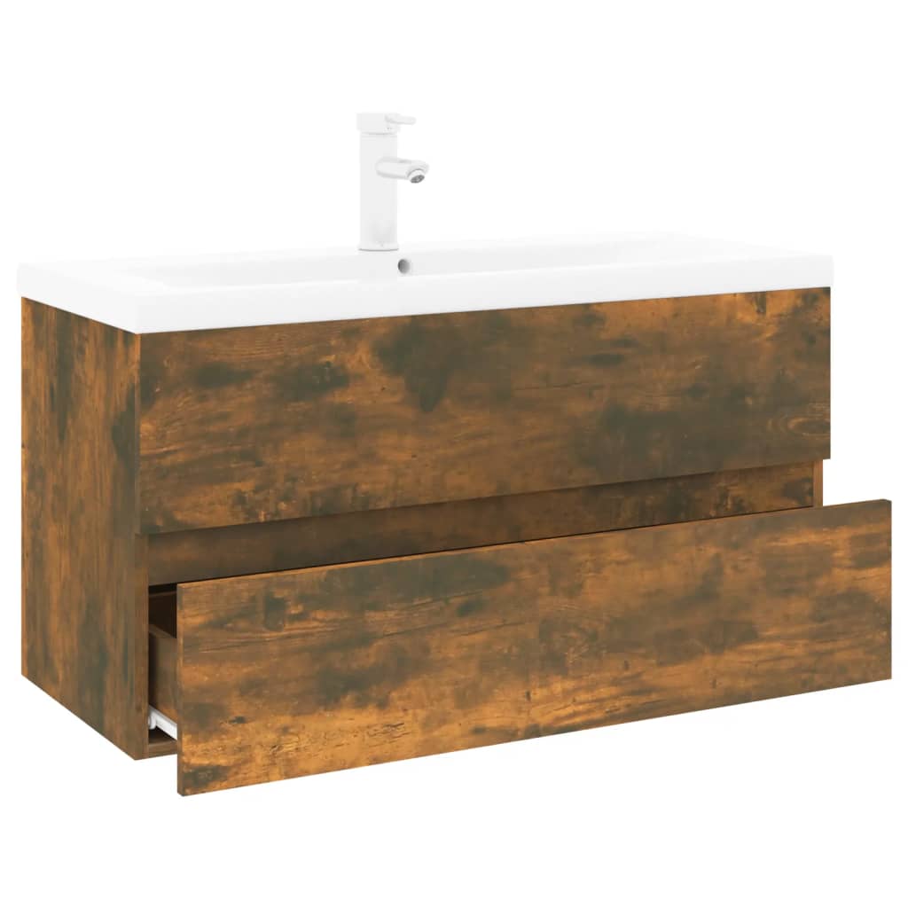 vidaXL Sink Cabinet with Built-in Basin Smoked Oak Engineered Wood 4