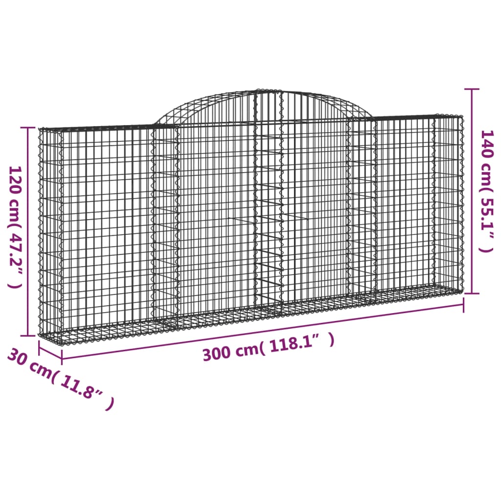 vidaXL Arched Gabion Basket 300x30x120/140 cm Galvanised Iron 5