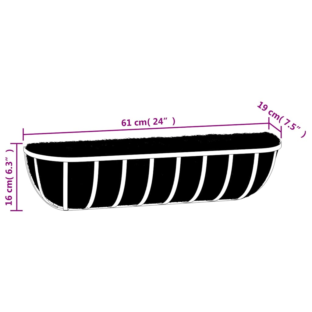 vidaXL Wall Troughs 2 pcs with Coco Liners Black 61x19x16 cm Steel 6