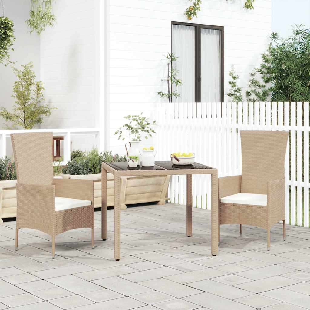 vidaXL Garden Table with Glass Top Beige Poly Rattan&Tempered Glass 1