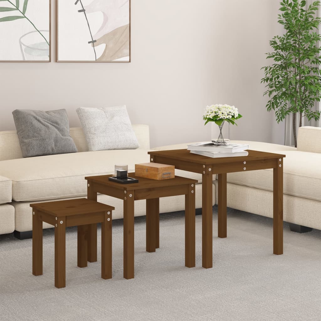 vidaXL Nesting Tables 3 pcs Honey Brown Solid Wood Pine 1