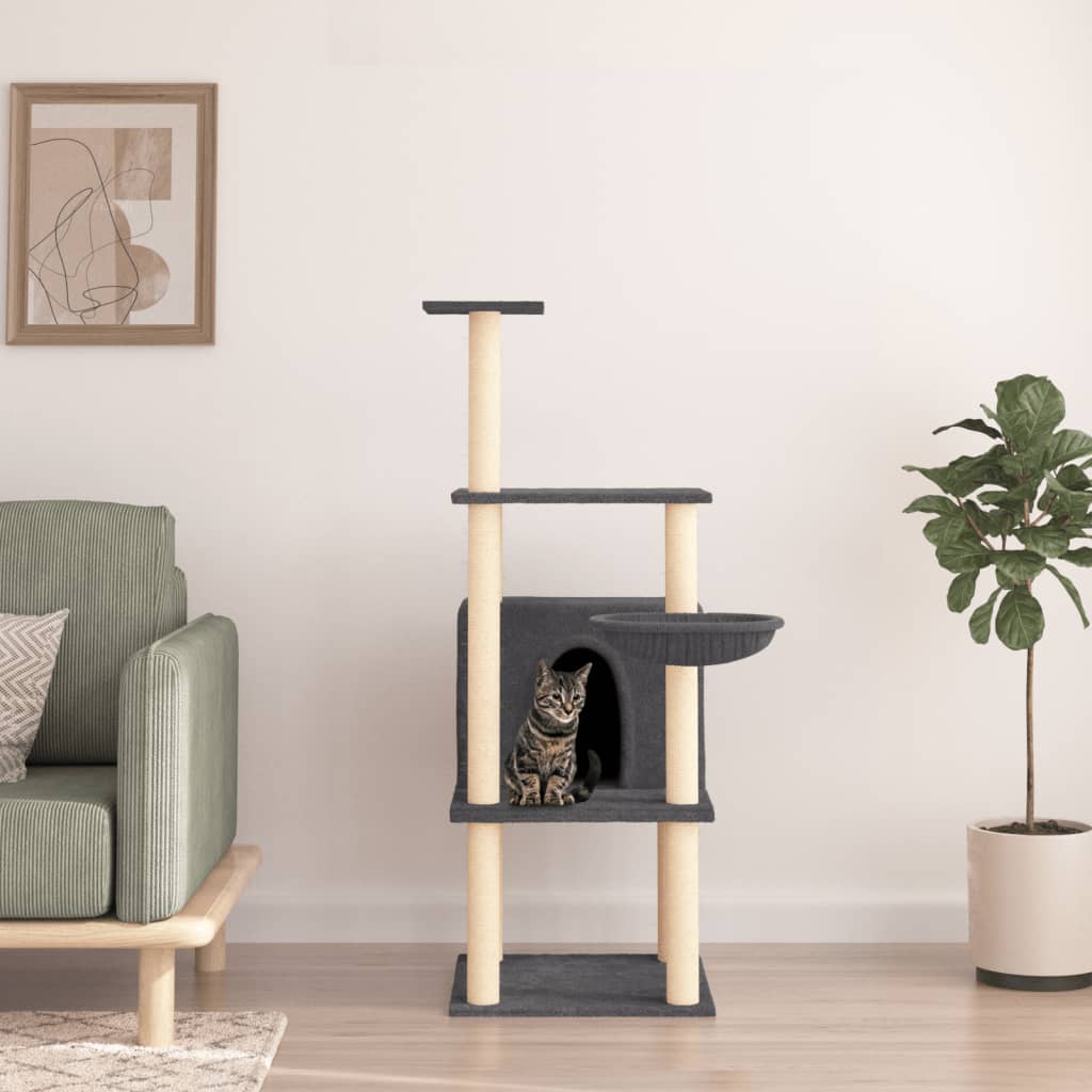 vidaXL Cat Tree with Sisal Scratching Posts Dark Grey 132 cm 1