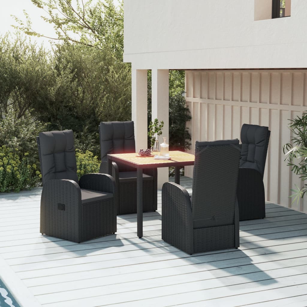 5 Piece Garden Dining Set Black Poly Rattan&Solid Wood Acacia 90 x 90 x 75 cm 4x reclining chair