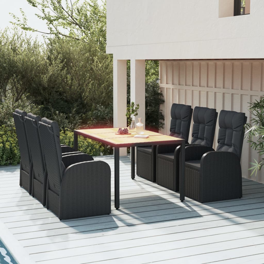 5 Piece Garden Dining Set Black Poly Rattan&Solid Wood Acacia 150 x 90 x 75 cm 6x reclining chair