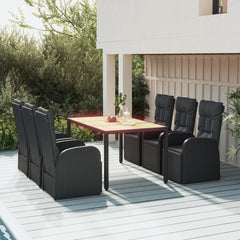 5 Piece Garden Dining Set Black Poly Rattan&Solid Wood Acacia 150 x 90 x 75 cm 4x reclining chair with backrest + 2x reclining chair with backrest and footrest