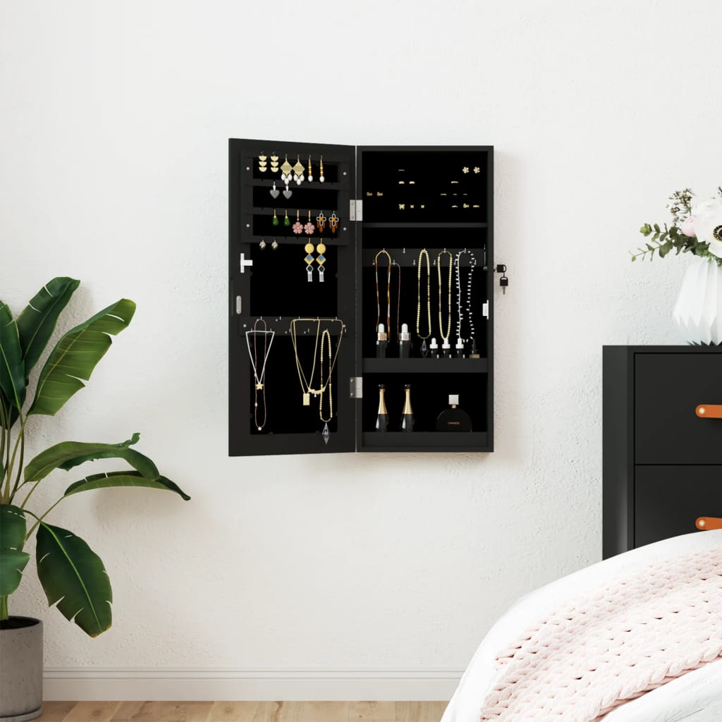 vidaXL Mirror Jewellery Cabinet Wall Mounted Black 30x8.5x67 cm 1