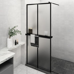 Walk-in Shower Wall with Shelf Black 2x2 Grids Frosted 90 cm 195 cm