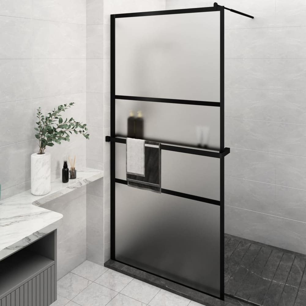 Walk-in Shower Wall with Shelf Black 115 x 195 cm Frosted