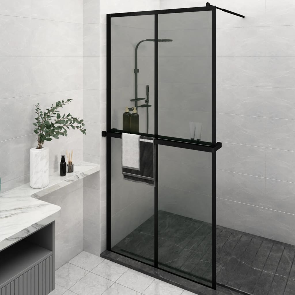 Walk-in Shower Wall with Shelf Black 2x2 Grids Black 118 cm 190 cm