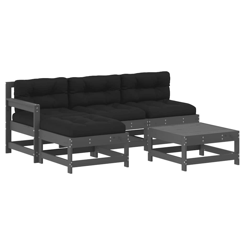 vidaXL 5 Piece Garden Lounge Set with Cushions Grey Solid Wood 2