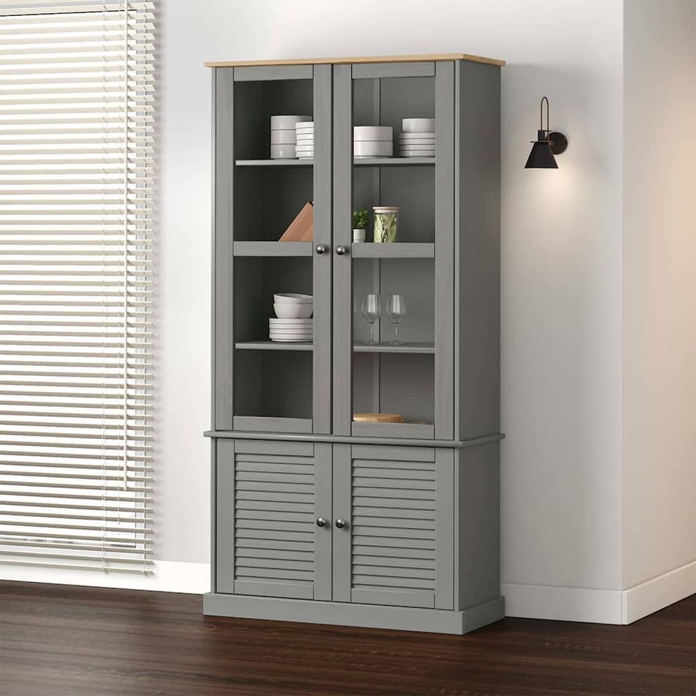 Glass Display Cabinet "VIGO" 85x35x170 cm Solid Wood Pine Grey
