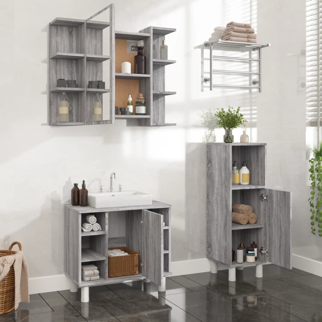 3 Piece Bathroom Furniture Set Engineered Wood Grey sonoma