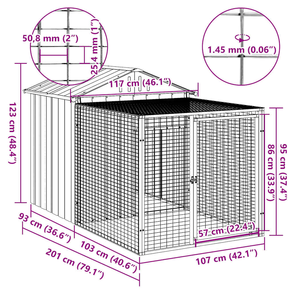 Chicken Cage with Run Galvanised Steel Light grey 117 x 201 x 123 cm