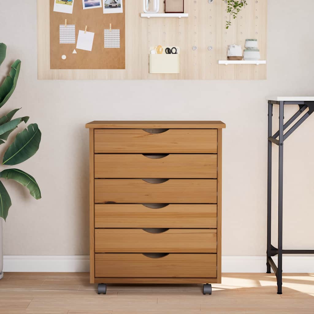 Rolling Cabinet with Drawers "MOSS" Honey Brown Solid Wood Pine, image 3