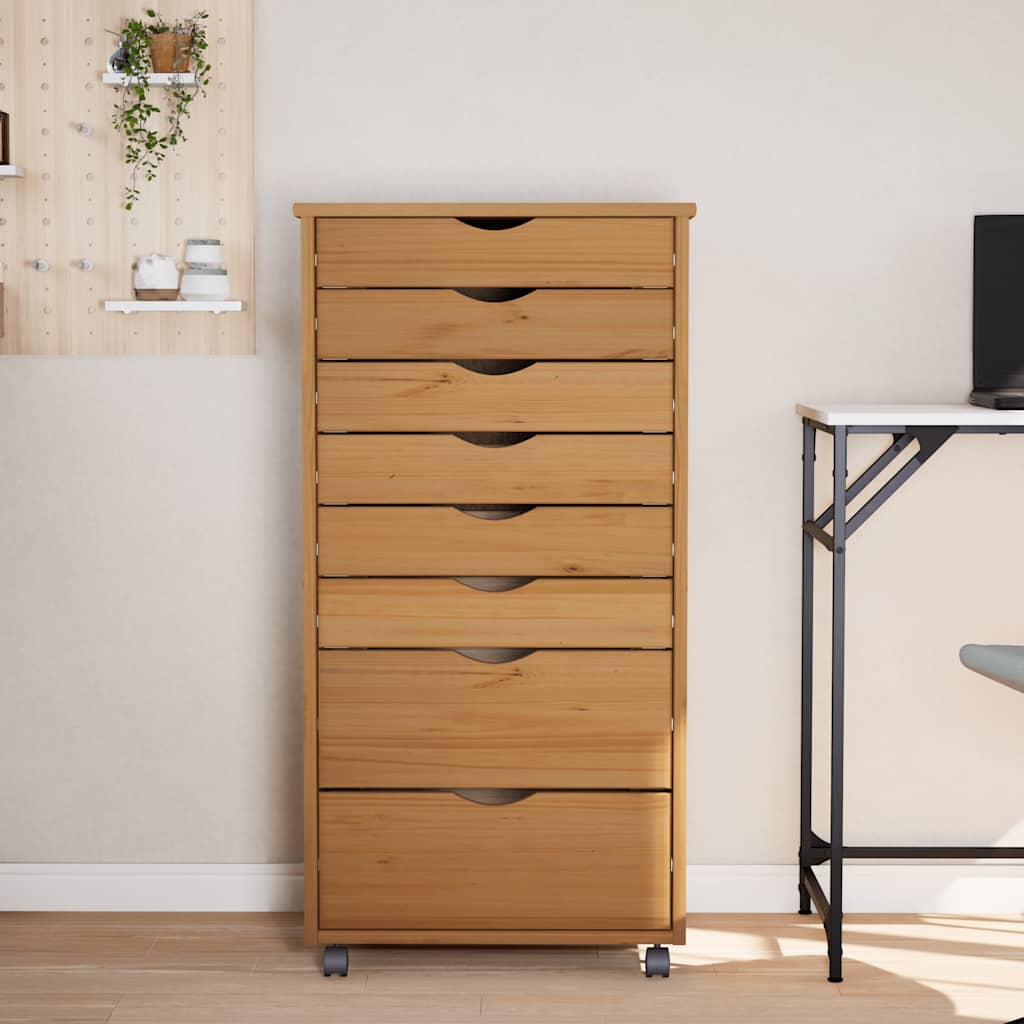 Rolling Cabinet with Drawers "MOSS" Honey Brown Solid Wood Pine, image 3